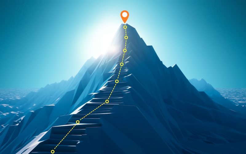 Goal to success for level up with pathway line or step route to mountain peak.human performance limit concepts.growth mindset and motivation.generative ai